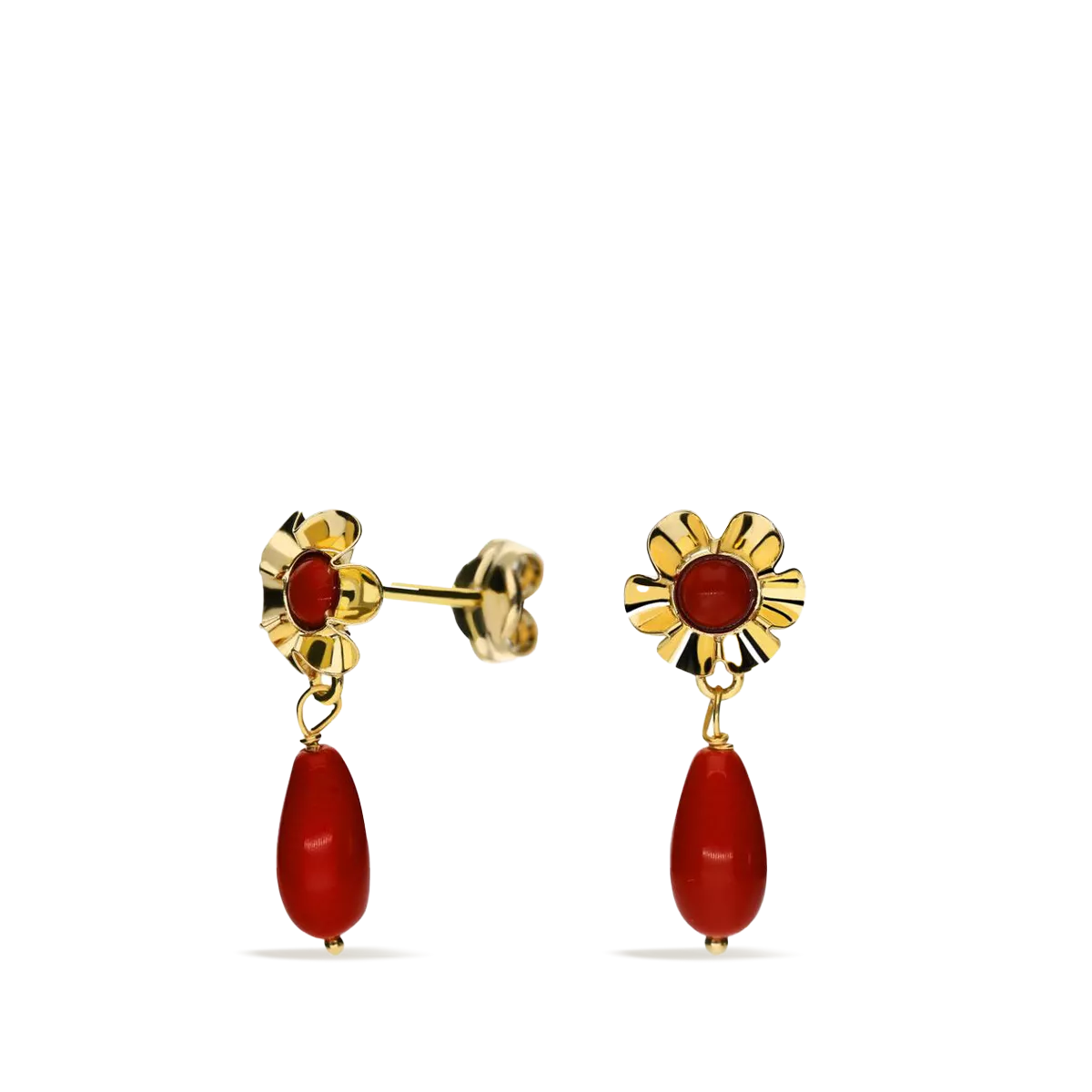 Pendientes coral lagrima flor oro 18 quilates